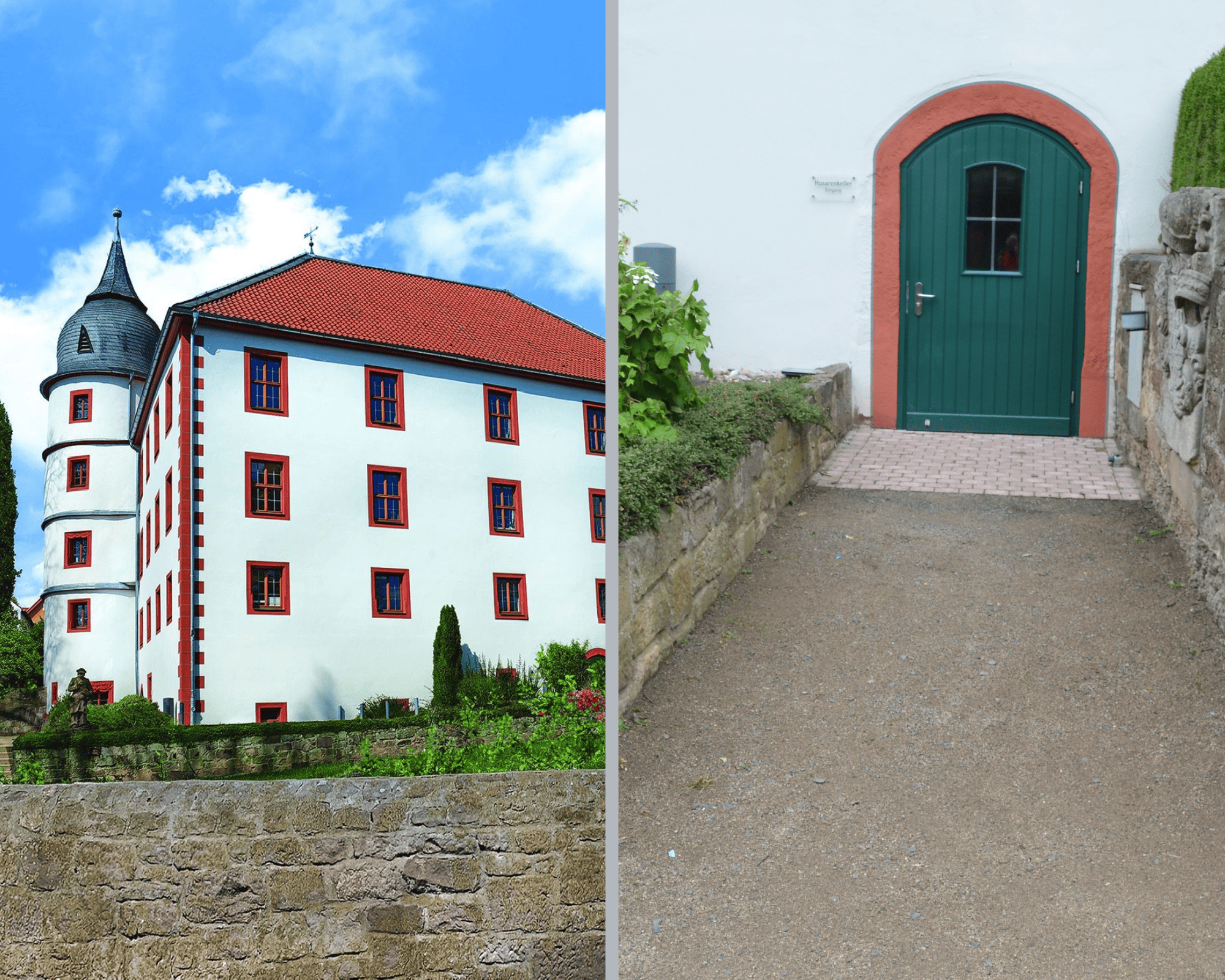 Zweigeteiltes Foto. Auf der linken Seite ist eine Außenansicht des Eichenzeller Schloss indem sich die Gemeindeverwaltung befindet. Auf der rechten Seite wird der Eingang zum Husarenkeller gezeigt.