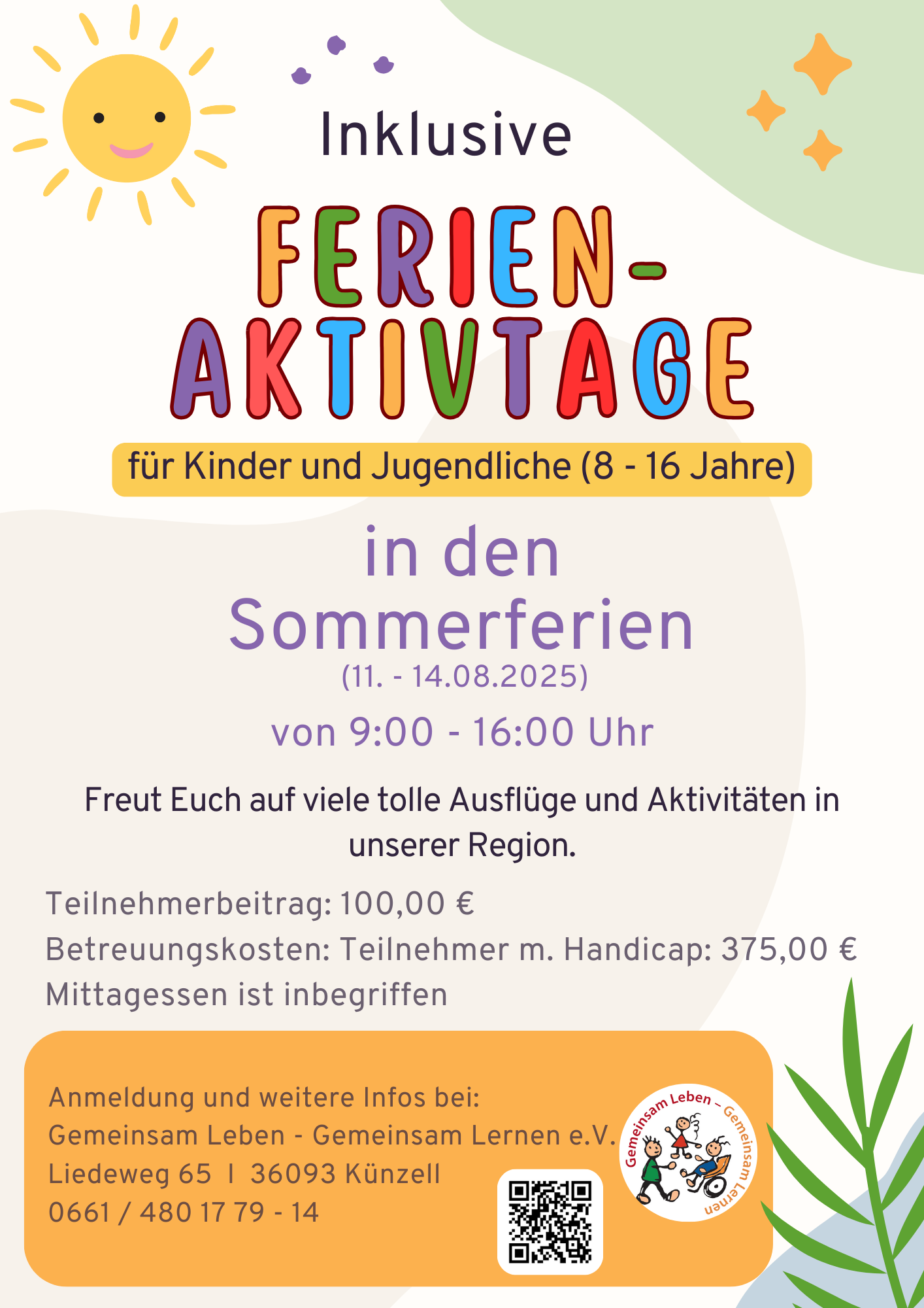 Bunt designtes Werbeposter für die inklusiven Ferienaktivtagen in den Sommerferien. Infos wie im Text.