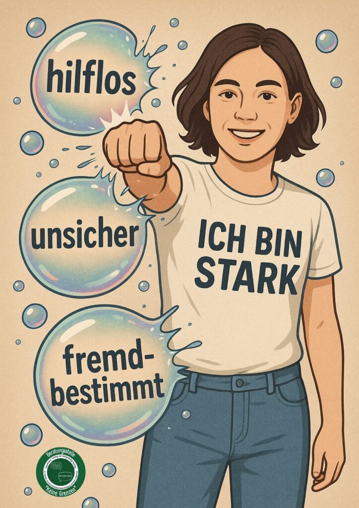 Grafik einer Person, die mit ihrer Faust Seifenblasen zerschlägt in denen hilflos, unsicher und fremdbestimmt steht. Die Person trägt ein T-Shirt auf dem ich bin stark steht.