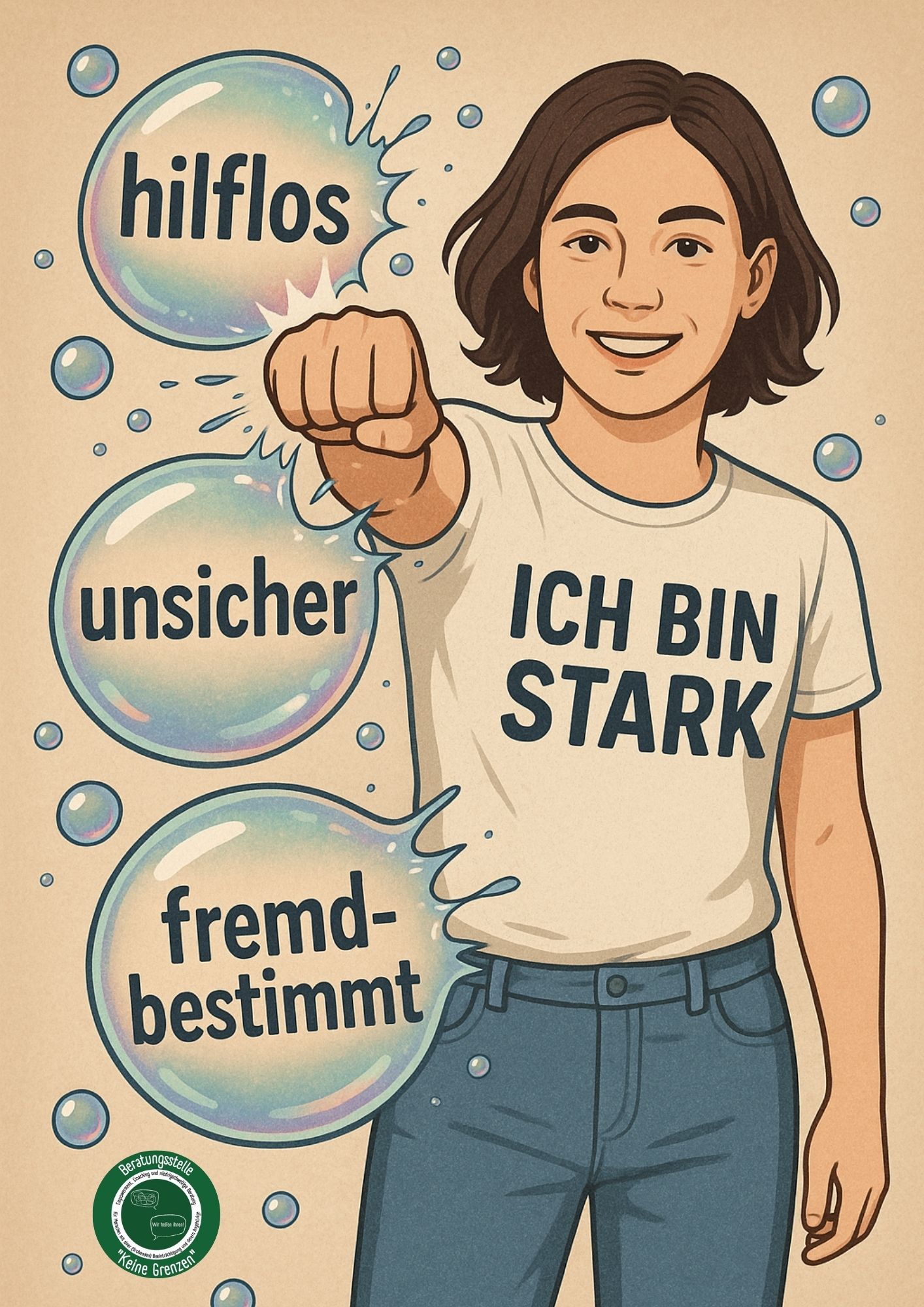 Grafik einer Person, die mit ihrer Faust Seifenblasen zerschlägt in denen hilflos, unsicher und fremdbestimmt steht. Die Person trägt ein T-Shirt auf dem ich bin stark steht.